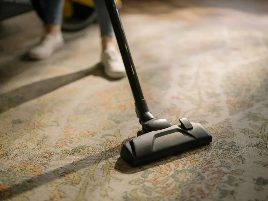 Vacuum cleaner head treating odors on a patterned area rug during home cleaning service