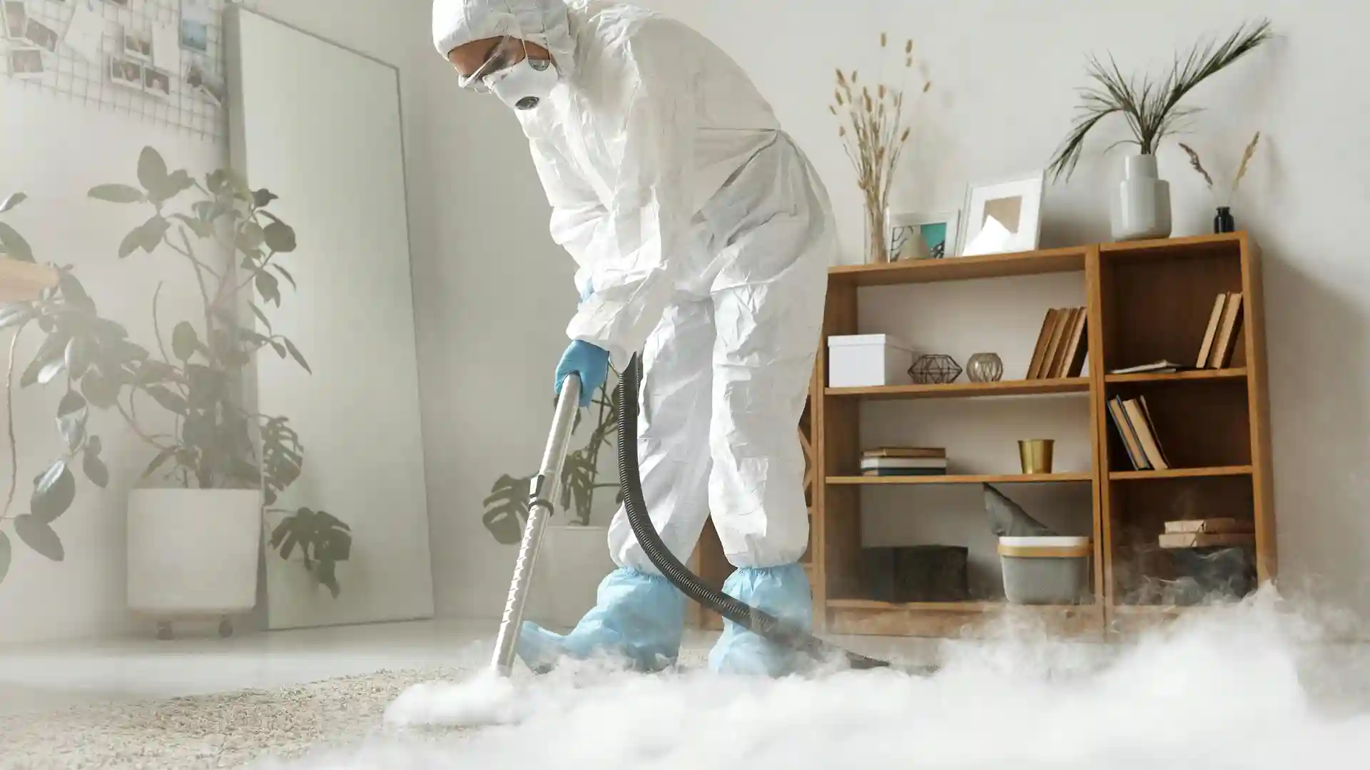 Technician in protective suit performing deep steam carpet cleaning with heavy vapor in home