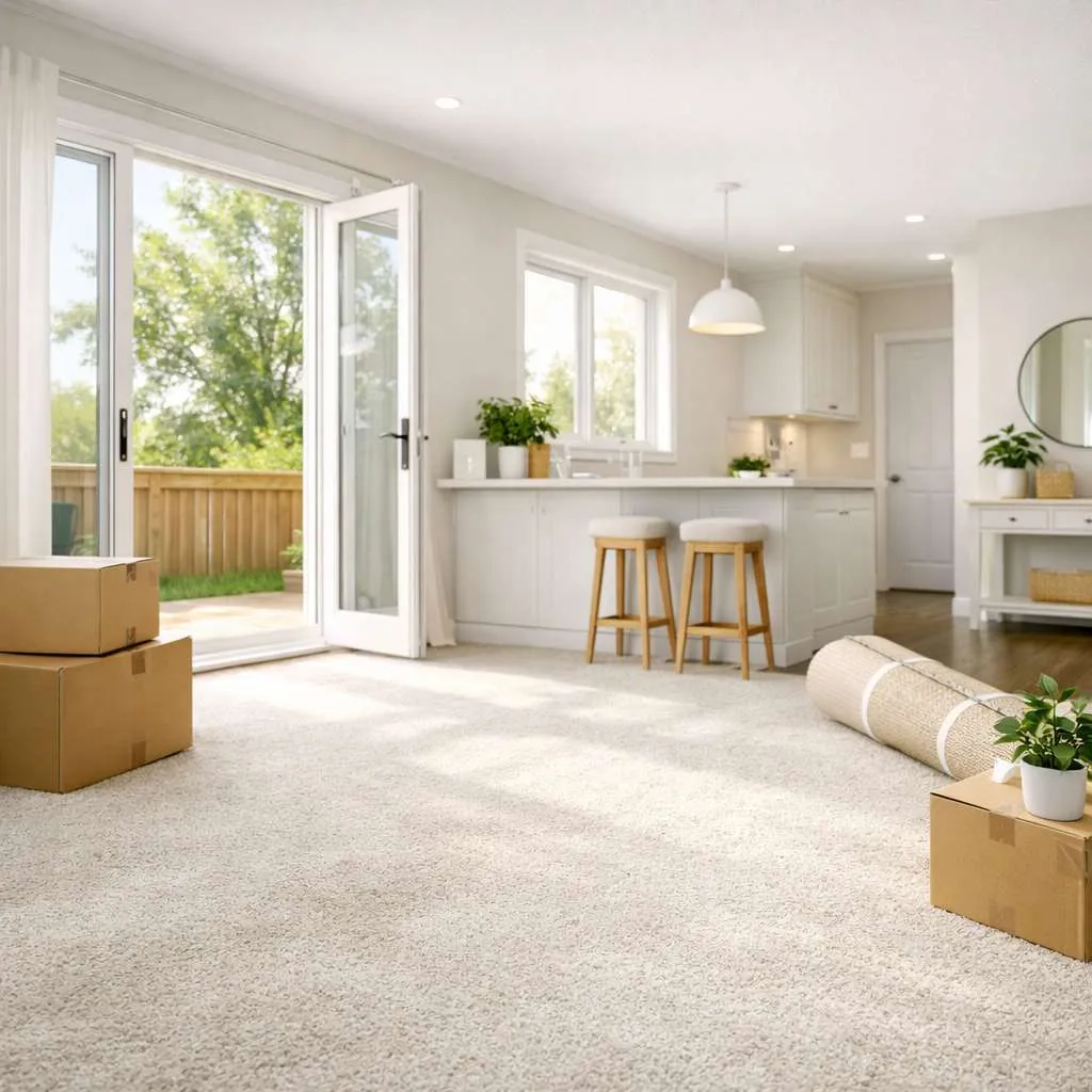 Clean white carpet in empty home with moving boxes ideal for move-out carpet cleaning