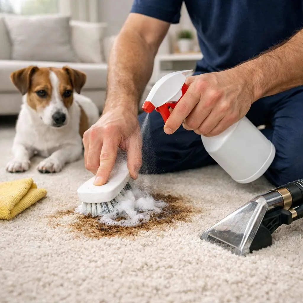 Technician scrubbing pet stain from carpet with cleaning solution and brush