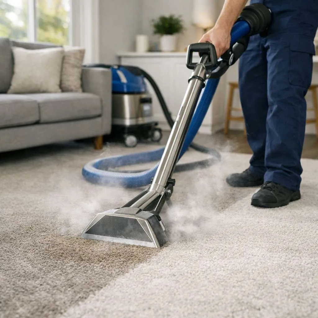 Technician using hot steam extraction machine to eliminate carpet odors in living room