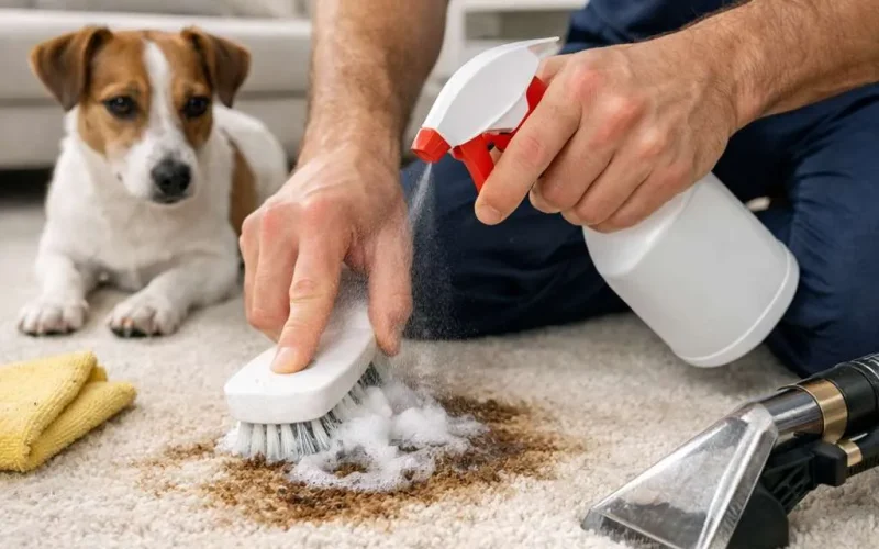 Technician scrubbing pet stain from carpet with cleaning solution and brush